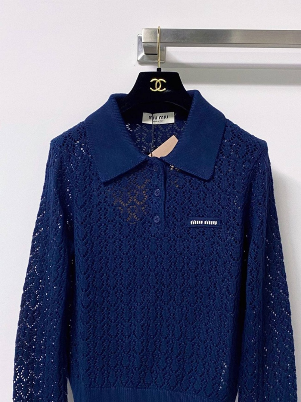 Miu Miu Navy Blue Open‑Knit Polo Collar Cropped Long Sleeve Top NWT - Picture 2 of 5